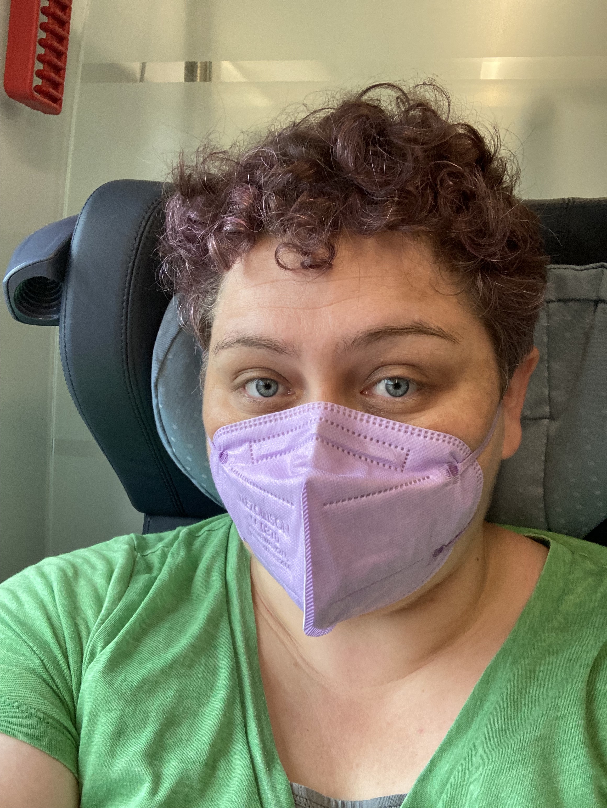 selfie of me on a train, wearing a light purple FFP2 mask