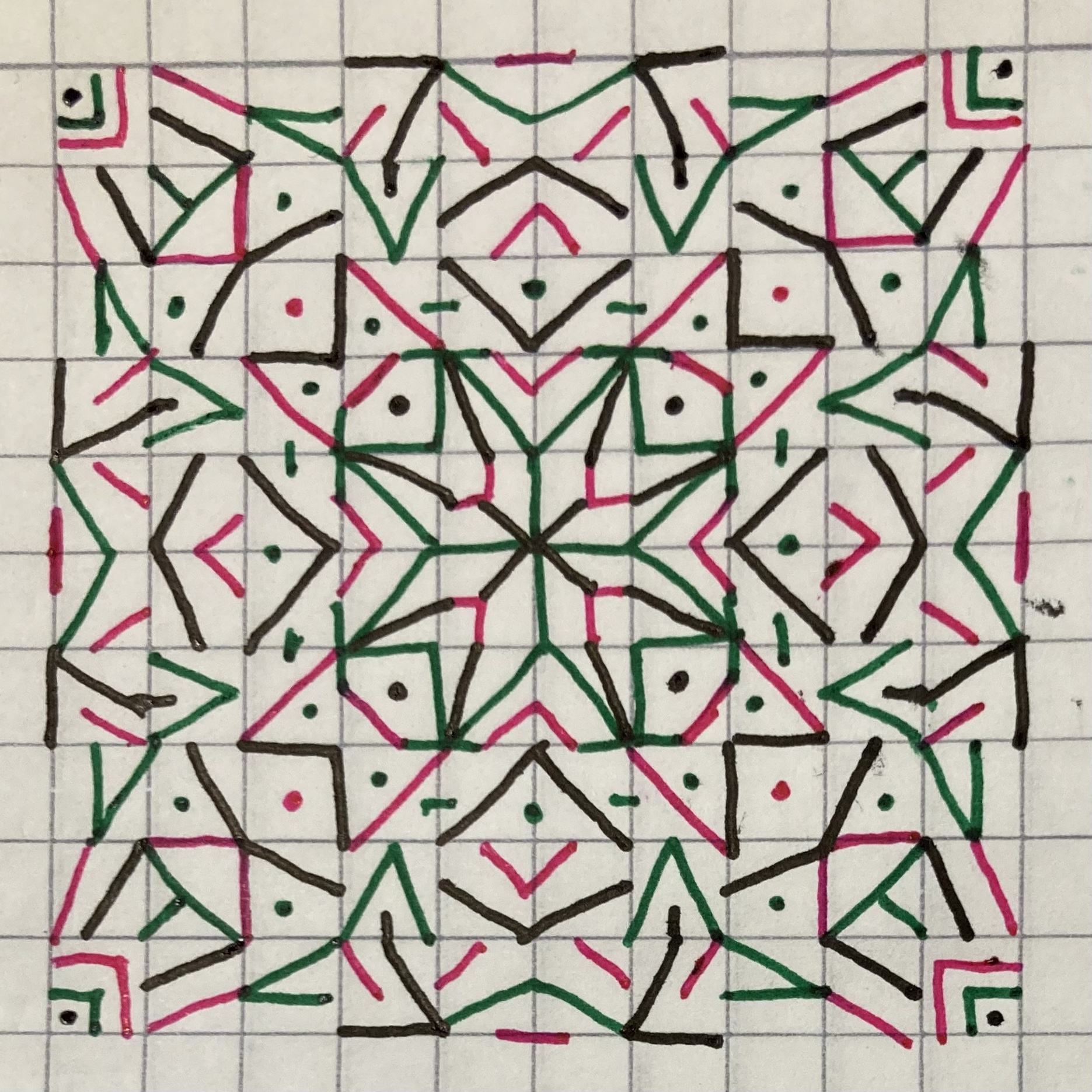 a picture of a marker on paper drawing consisting of a stronly geometric and symmetric design drawn on graph paper